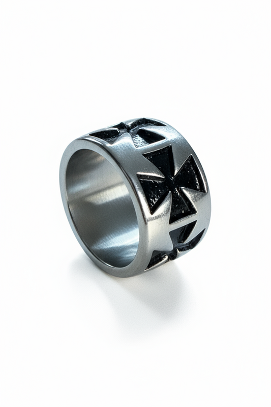 Anello Uomo Acciaio Nero Croce Maltese – Fascia Larga, Misura 17