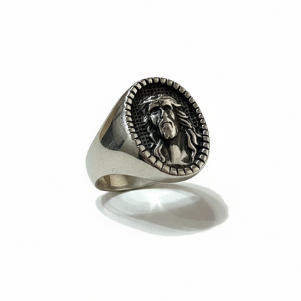 Anello Uomo Sigillo Volto di Gesù – Acciaio Silver Antique, Misura 23