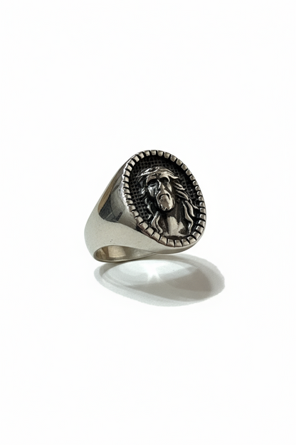 Anello Uomo Sigillo Volto di Gesù – Acciaio Silver Antique, Misura 23