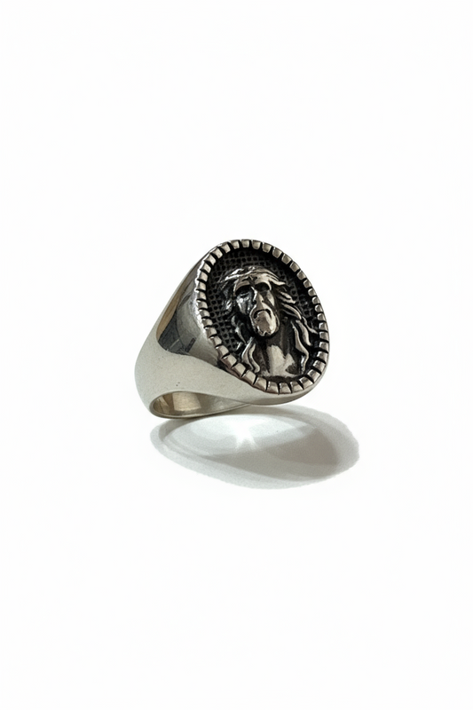 Anello Uomo Sigillo Volto di Gesù – Acciaio Silver Antique, Misura 23