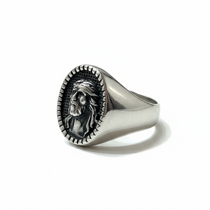 Anello Uomo Sigillo Volto di Gesù – Acciaio Silver Antique, Misura 23