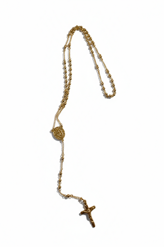 Rosario collana dorata acciaio unisex con croce e medaglia – elegante