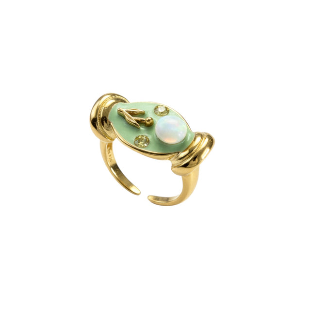 Anello Donna Acciaio Piastra Ovale Smaltata Verde Dettagli Oro