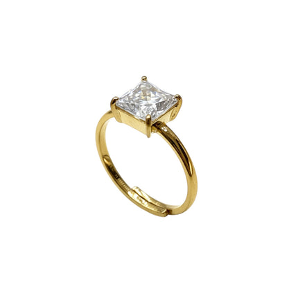 Anello Donna Solitario Regolabile Cristallo Quadrato Acciaio Oro