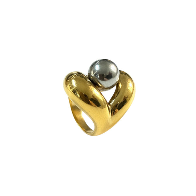 Anello Donna Acciaio Cuore Bicolore Sfera Design Moderno Scultoreo
