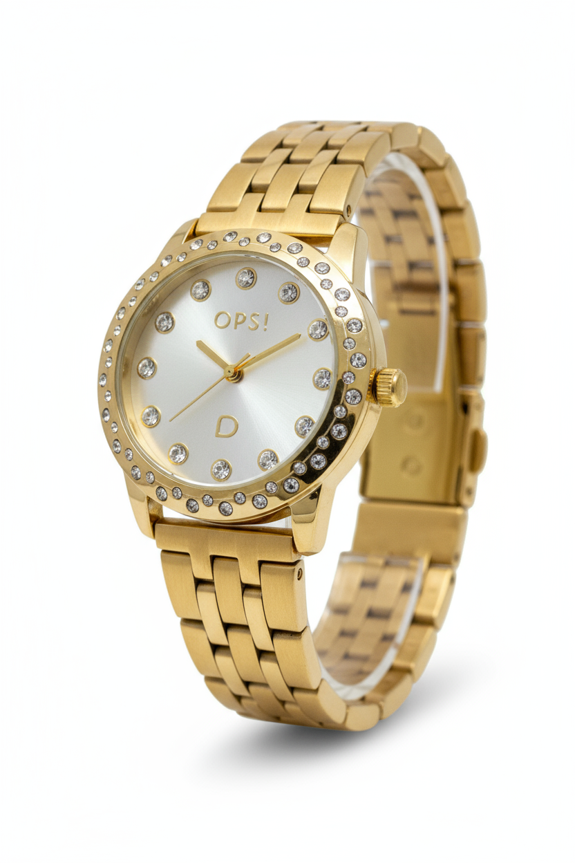 OPSObjects – Orologio Donna Tondo Dorato con Cristalli e Bracciale Acciaio