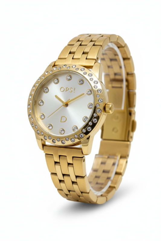 OPSObjects – Orologio Donna Tondo Dorato con Cristalli e Bracciale Acciaio