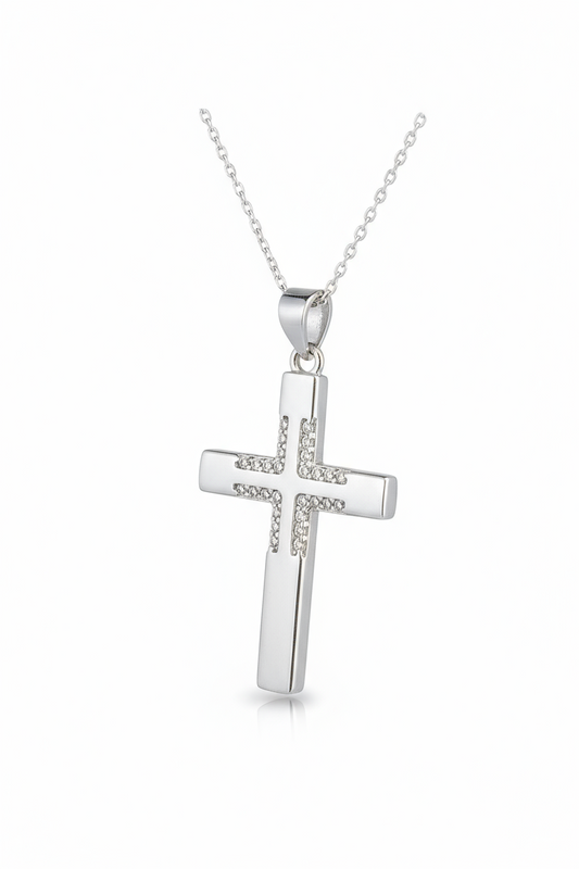 Collana Croce in Argento 925 con Zirconi — Girocollo Luminoso Unisex