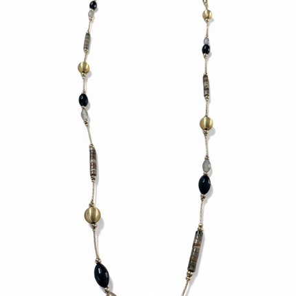 Collana Donna Shelly Rame Pietra Dura Perle Oro Nero Grigio Sautoir 110g