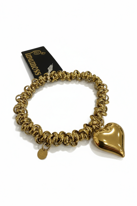 Bracciale donna elastico catena spirale con maxi cuore oro  anallergico lucido