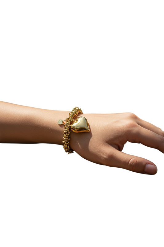 Bracciale donna elastico catena spirale con maxi cuore oro  anallergico lucido