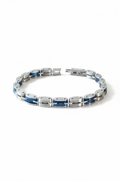Bracciale uomo acciaio 316L blu e silver – sportivo regolabile 21 cm