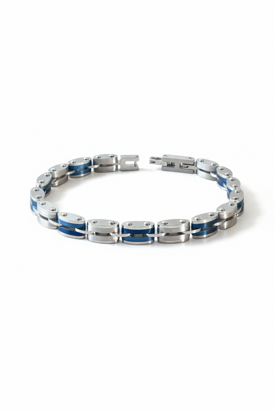 Bracciale uomo acciaio 316L blu e silver – sportivo regolabile 21 cm