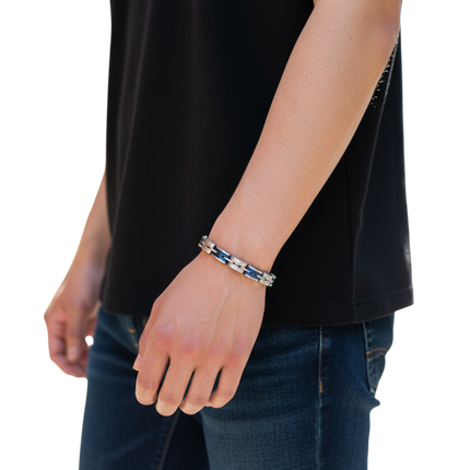 Bracciale Uomo Acciaio 316L Blu Silver Sportivo Regolabile 21cm Design