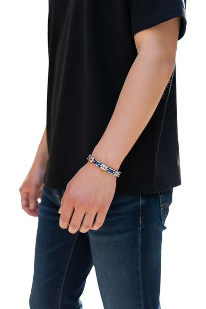 Bracciale uomo acciaio 316L blu e silver – sportivo regolabile 21 cm