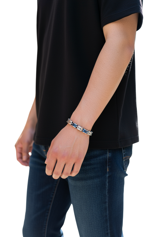 Bracciale uomo acciaio 316L blu e silver – sportivo regolabile 21 cm