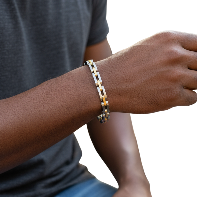 Bracciale Uomo Acciaio 316L Bicolore Oro Silver Regolabile 21cm KX-888