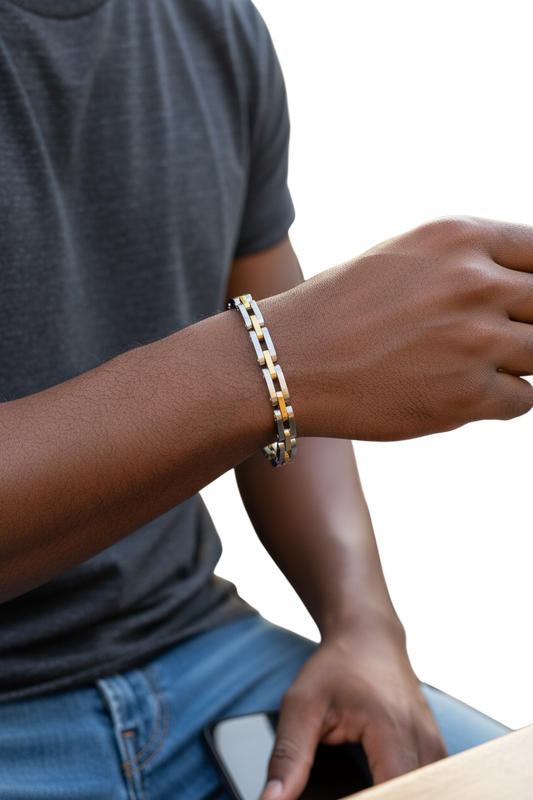 Bracciale uomo acciaio bicolore oro e silver – moderno, regolabile 21 cm