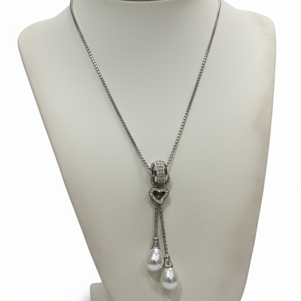 Collana Lunga Donna Acciaio 316L Pendente Cuore Zirconi Perle Bianche 80cm