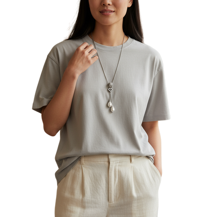 Collana Lunga Donna Acciaio 316L Pendente Cuore Zirconi Perle Bianche 80cm
