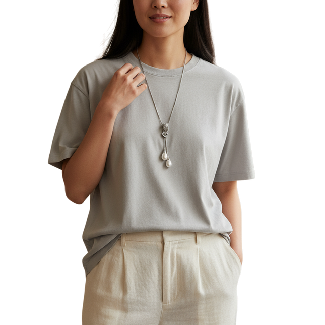 Collana Lunga Donna Acciaio 316L Pendente Cuore Zirconi Perle Bianche 80cm
