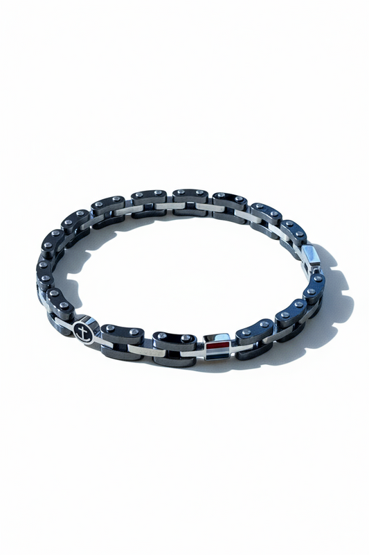 Bracciale uomo acciaio nero e silver con ancora – moderno, regolabile 21 cm