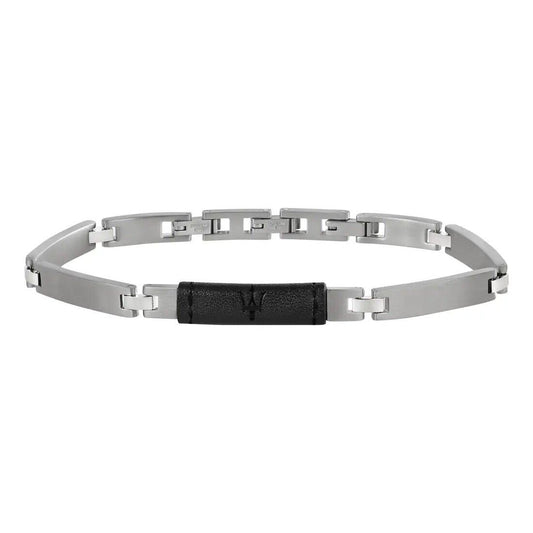 Bracciale in acciaio e pelle nera con logo MASERATI per uomo