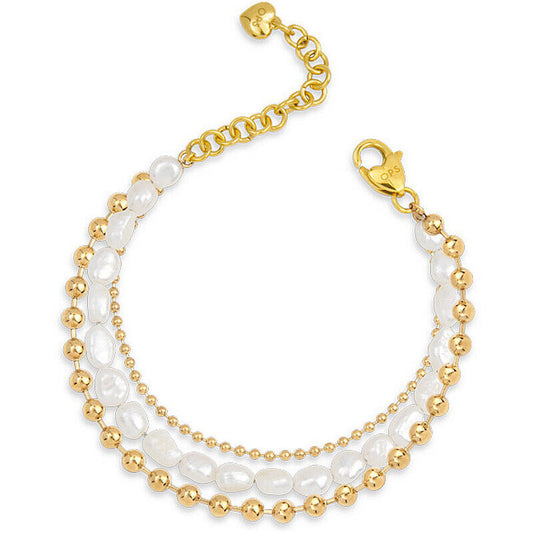 OpsObjects bracciale donna triplo filo in acciaio a sfere con perle barocche