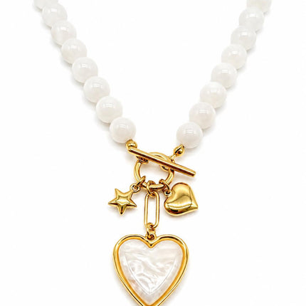Collana Donna Shelly Acciaio Perline Resina Ciondolo Cuore Stella 45cm