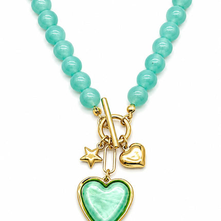 Collana Donna Shelly Acciaio Perline Resina Ciondolo Cuore Stella 45cm