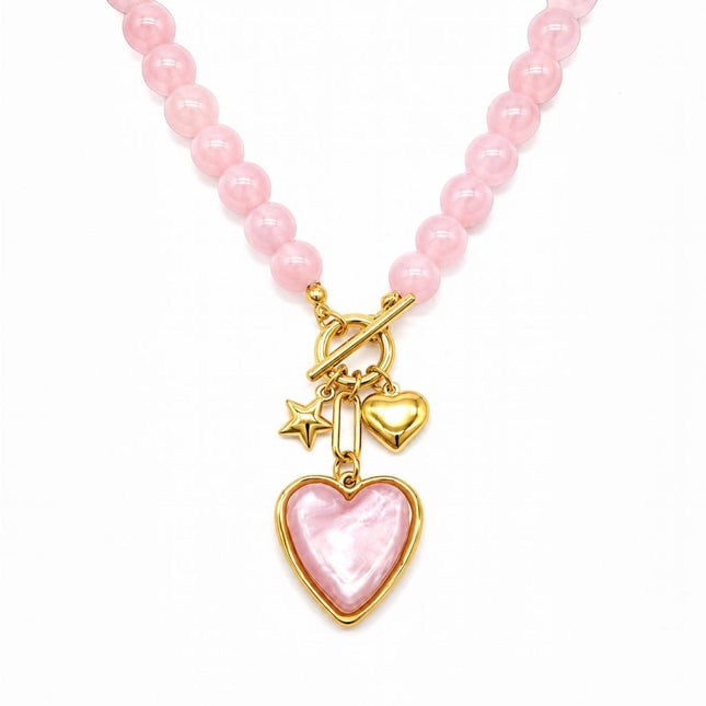 Collana Donna Shelly Acciaio Perline Resina Ciondolo Cuore Stella 45cm