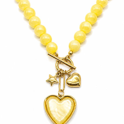 Collana Donna Shelly Acciaio Perline Resina Ciondolo Cuore Stella 45cm