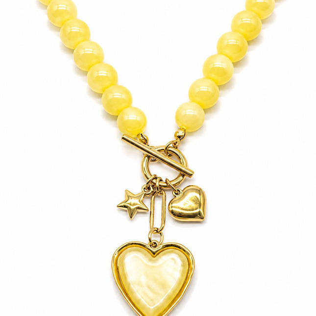Collana Donna Shelly Acciaio Perline Resina Ciondolo Cuore Stella 45cm