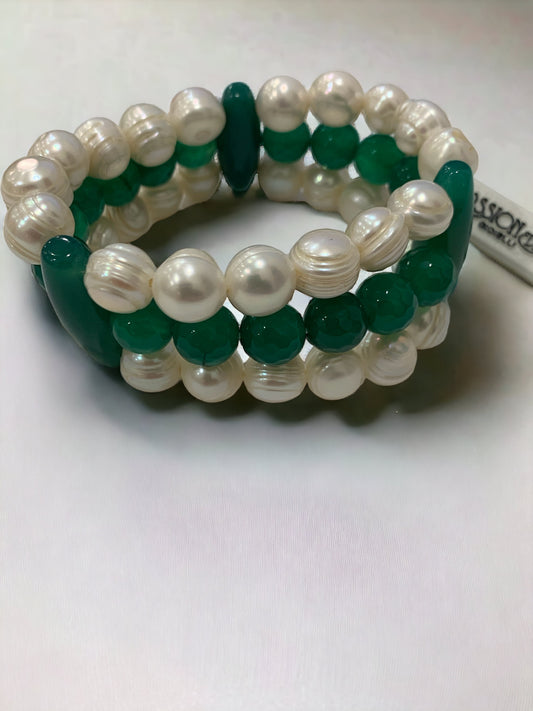 Passionedele bracciale elastico triplo filo con perle barocche coltivate e pietre naturali donna