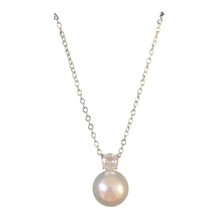 Collana Donna Acciaio Ciondolo Simil Perla Cristallo Bianco 45cm