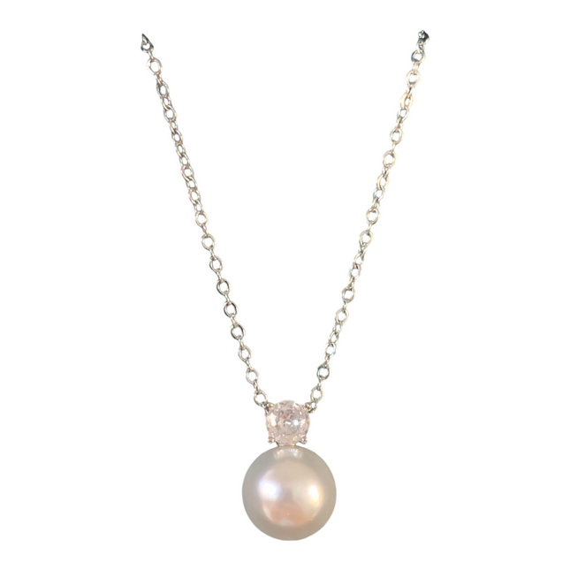 Collana Donna Acciaio Ciondolo Simil Perla Cristallo Bianco 45cm