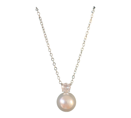 Collana Girocollo In Acciaio Da Donna Con Ciondolo Simil Perla e Cristallo Bianco Mf