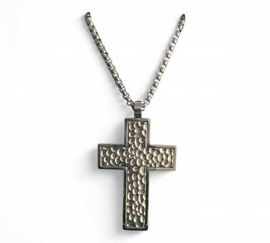 Collana In Acciaio Da Uomo Con Ciondolo Croce Martellata Mf 50cm