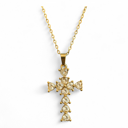 Collana Da Donna In Acciaio Colore Oro Con Ciondolo Croce e Cristalli