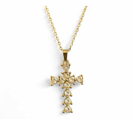 Collana Da Donna In Acciaio Colore Oro Con Ciondolo Croce e Cristalli