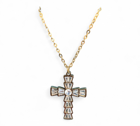 Collana In Acciaio Colore oro Da Donna Con Ciondolo Croce e Cristalli Bianchi Mf