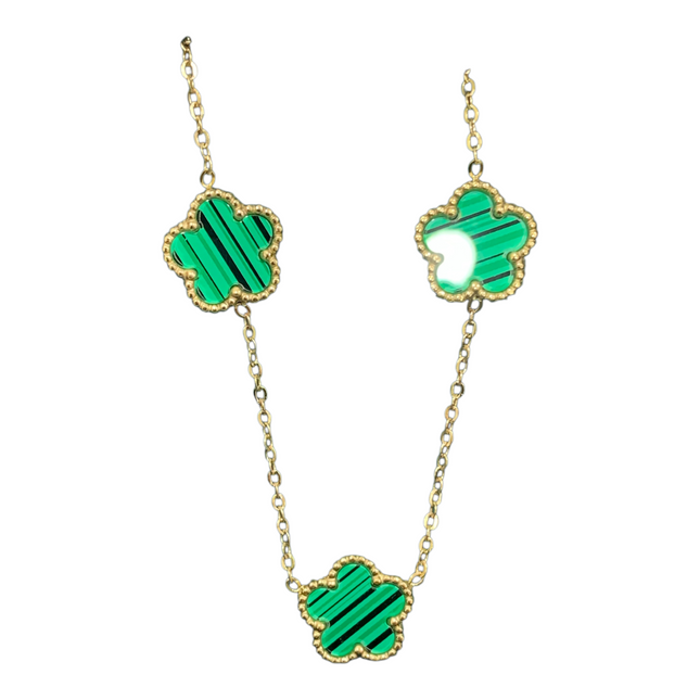 Collana In Acciaio Galvanica Oro Con Fiori Smalto Verde 45 cm Donna