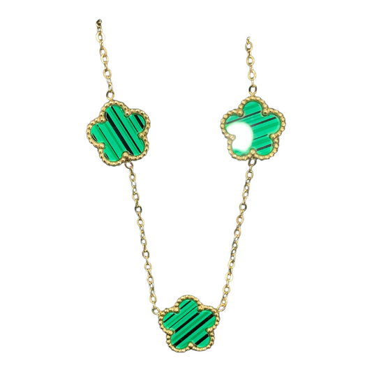 Collana In Acciaio Galvanica Oro Con Fiori Smalto Verde 45 cm Donna