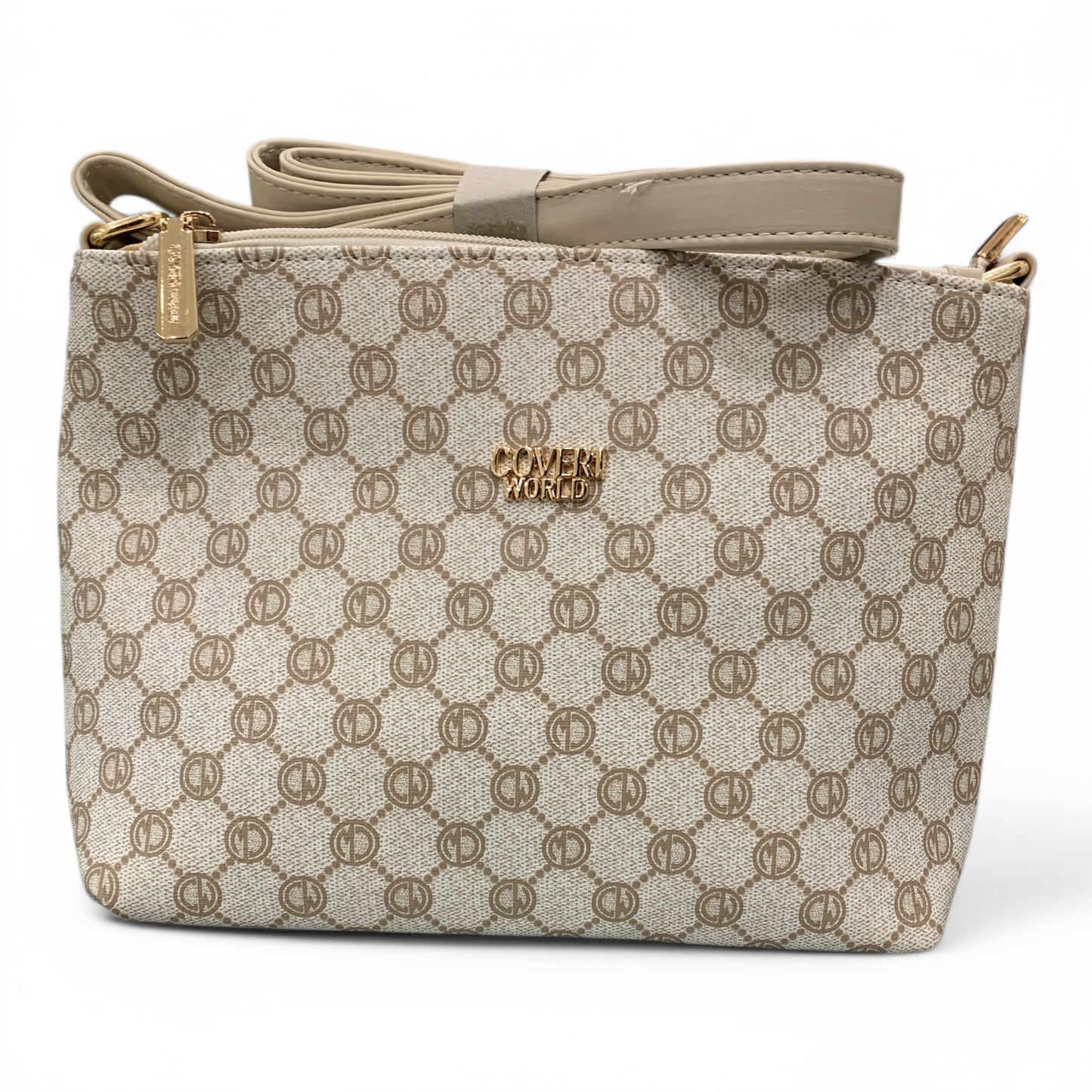 Borsa donna Enrico Coveri World tracolla beige con stampa logo e tasche con zip