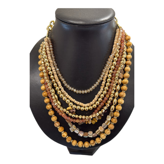 Collana multistrato etnica donna perline legno e oro stile boho chic