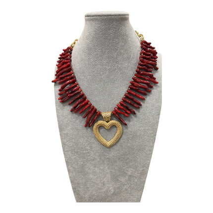 Collana Donna Corallo Rosso Ciondolo Cuore Dorato Statement Lunga