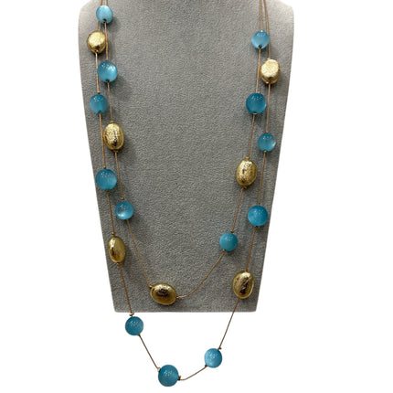 Collana Lunga Donna Sfere Azzurre Ovali Dorati Design Boho Chic Estiva