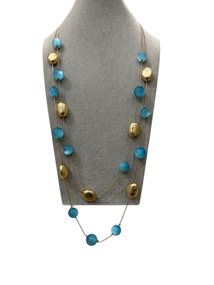 Collana lunga donna con sfere azzurre e ovali dorati eleganti
