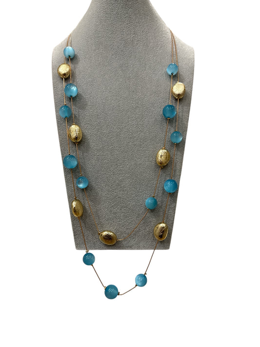 Collana lunga donna con sfere azzurre e ovali dorati eleganti