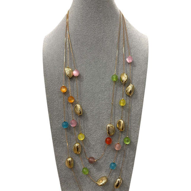 Collana Donna Lunga Multicolore Perle Ovali Dorati Design Chic Versatile